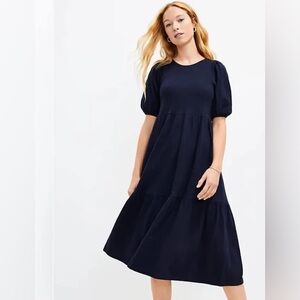 LOFT Navy Puff Sleeve Tiered Midi Dress - Size L - NWT